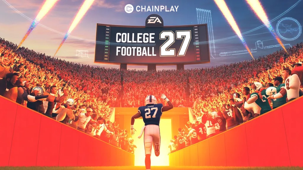 A college football player in jersey number 27 runs through a glowing stadium tunnel onto the field as crowds roar and confetti fills the air in EA Sports College Football 27.