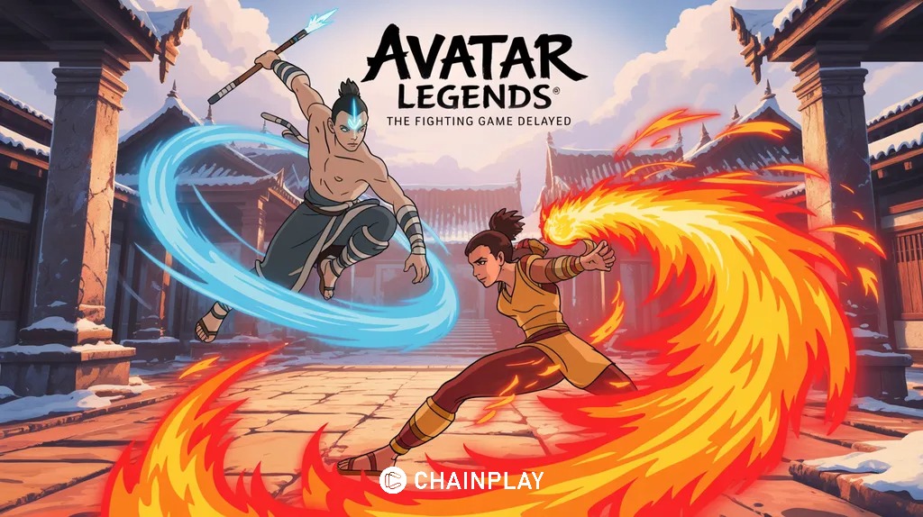 Aang and Korra executing martial arts attacks with air and fire effects in an Avatar fighting game arena.