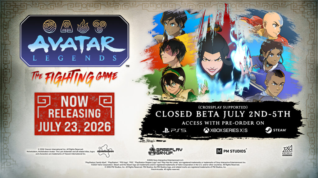 Promotional banner for Avatar Legends: The Fighting Game. Features the game logo on the left, a release date stamp reading July 23, 2026, and a collage of characters including Azula, Aang, Korra, Zuko, Toph, Katara, and Sokka on the right.