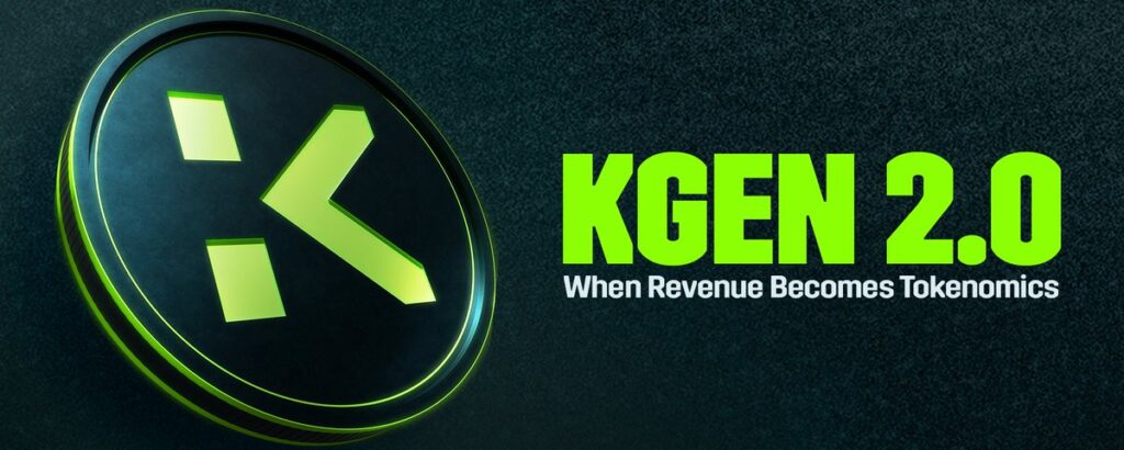 Promotional graphic for KGEN 2.0 introducing the concept of revenue-driven tokenomics.