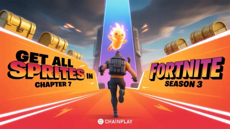 A dynamic Fortnite character running across a glowing landscape with a magical, fiery spirit sprite floating on their back.