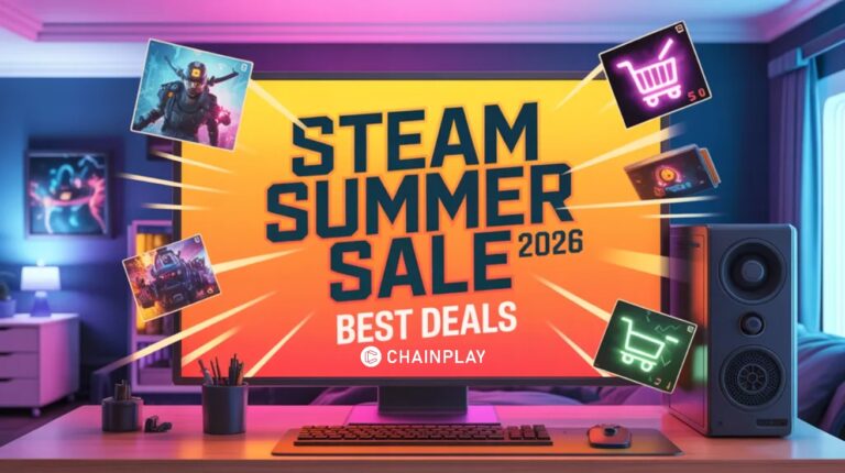 A modern PC gaming setup showing a monitor with a glowing neon text that reads "SUMMER SALE 2026" surrounded by digital discount tags.