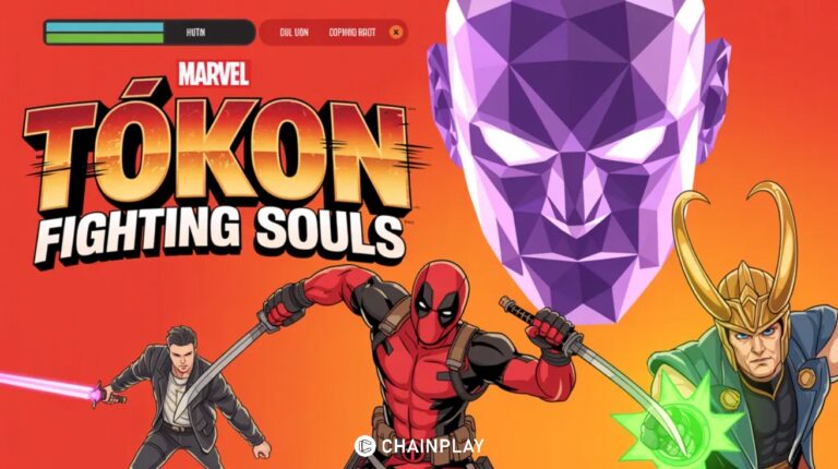 Deadpool, Blade, and Loki posing in a cell-shaded fighting game arena with Polygon Man floating in the background.