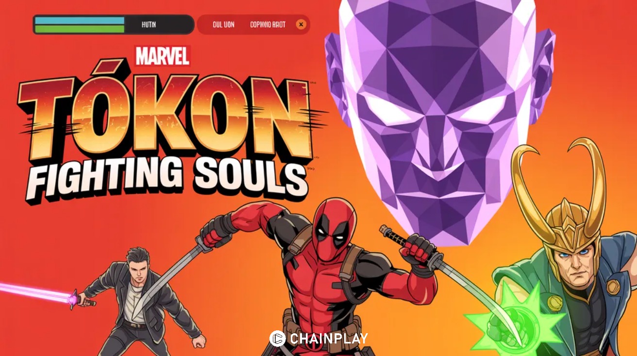 Deadpool, Blade, and Loki posing in a cell-shaded fighting game arena with Polygon Man floating in the background.