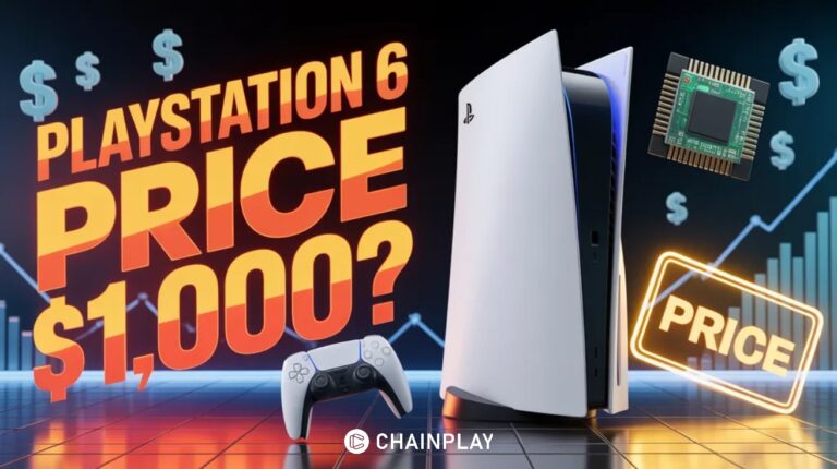 A futuristic PlayStation 6 console with a glowing neon $1000 price tag and rising tech cost charts in the background.