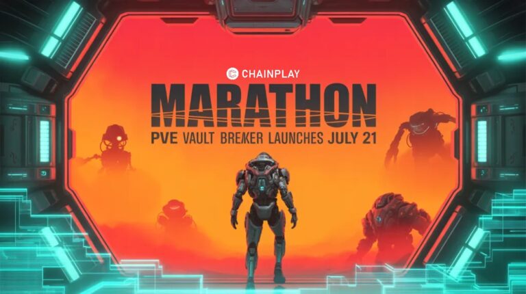 A cybernetic mercenary stands before a glowing sci-fi vault door in Marathon's Cryo Archive map.