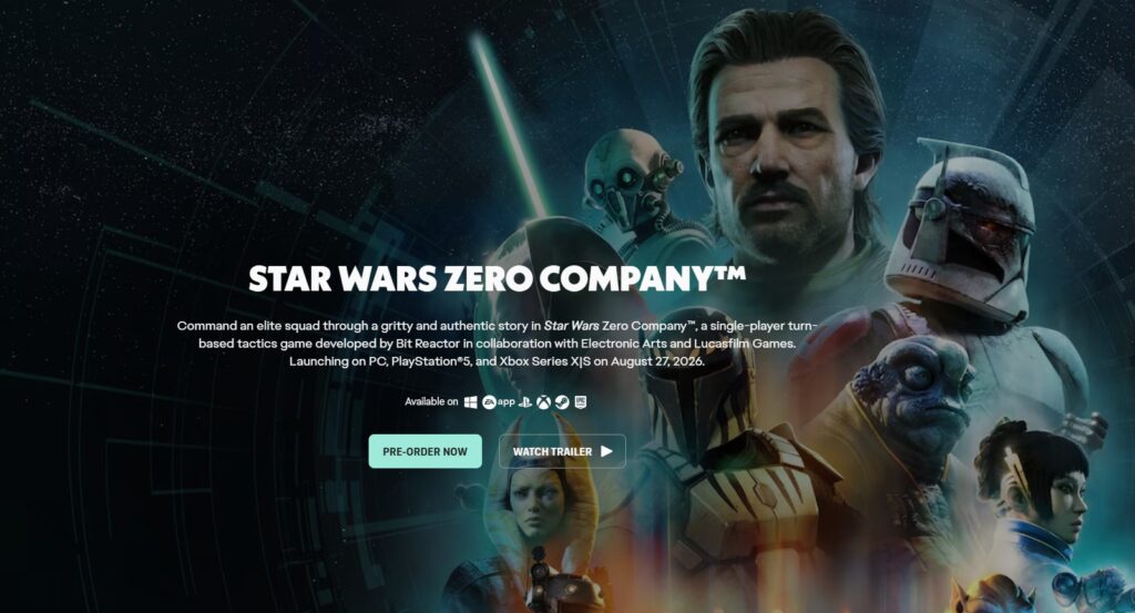 The official landing page confirms Star Wars Zero Company is a single-player turn-based tactics game launching on August 27, 2026.