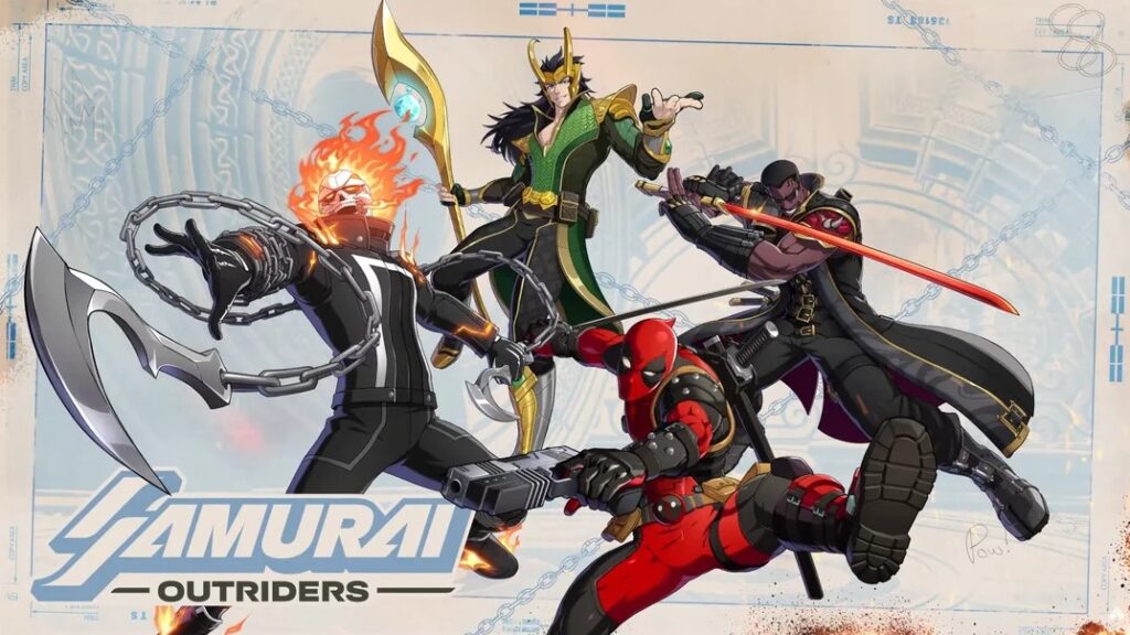This official promotional banner reveals the fifth and final base team for the 4v4 tag-team fighter, designated as the Samurai Outriders. The illustration features four prominent Marvel anti-heroes stylized in a sleek, modern anime aesthetic.