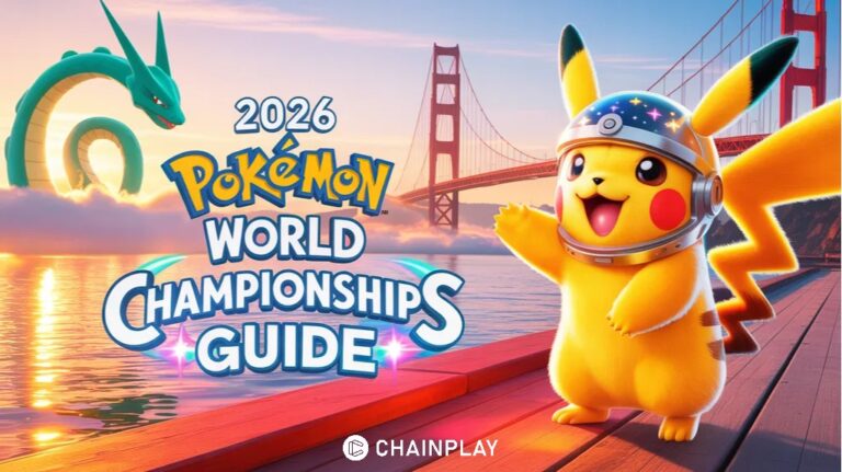 Pikachu wearing a space helmet standing in front of the Golden Gate Bridge during sunrise with Rayquaza flying in the background.