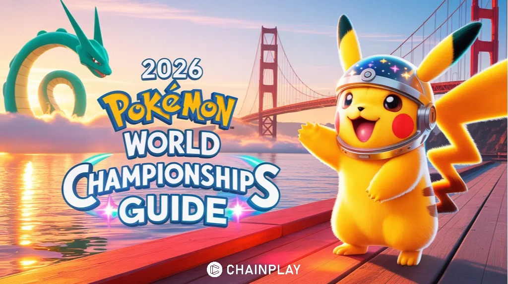 Pikachu wearing a space helmet standing in front of the Golden Gate Bridge during sunrise with Rayquaza flying in the background.