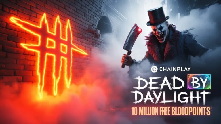 Art the Clown silhouette next to a glowing red Dead by Daylight logo in the fog.