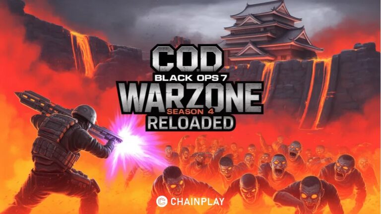A soldier firing a glowing purple supernatural wonder weapon at a horde of zombies outside a burning Japanese castle surrounded by lava.