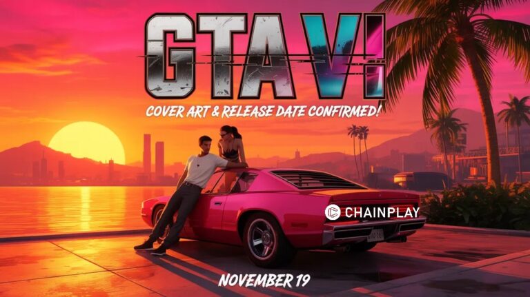 Official style artwork of a male and female protagonist standing by a red sports car under a pink Vice City sunset.