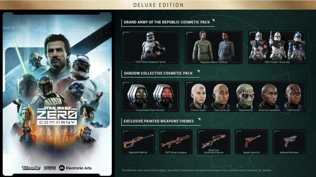 The Deluxe Edition of Star Wars Zero Company includes exclusive armor sets, syndicate cosmetics, and unique weapon themes.