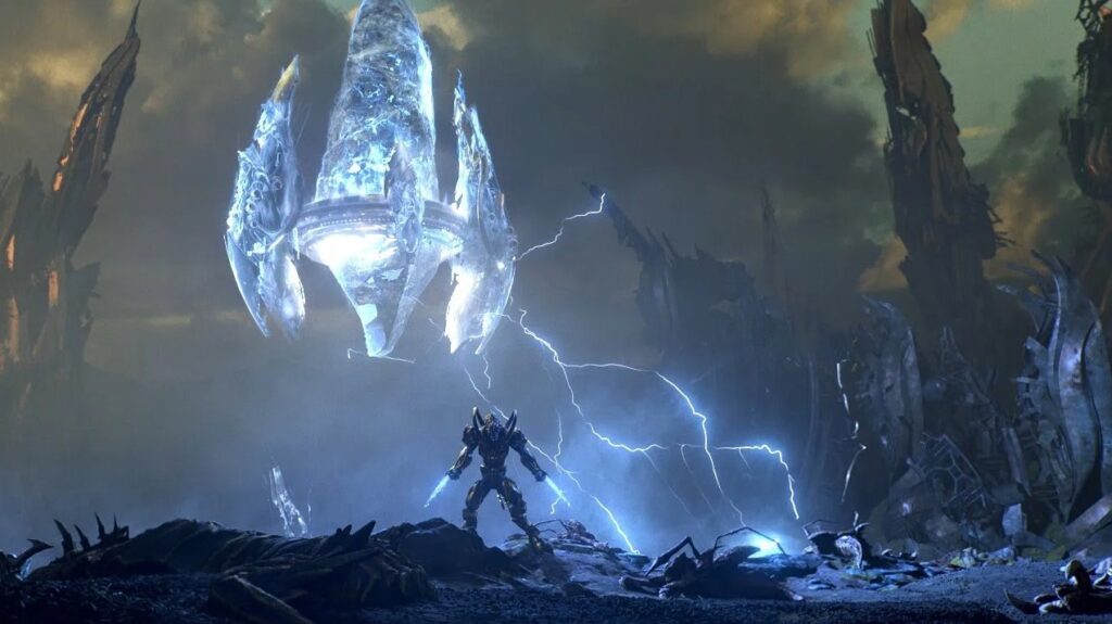 A lone armored Protoss warrior stands on a dark, desolate battlefield beneath a massive, levitating crystal pylon structure. Bright streaks of blue lightning strike the ground around the warrior under a cloudy sky.