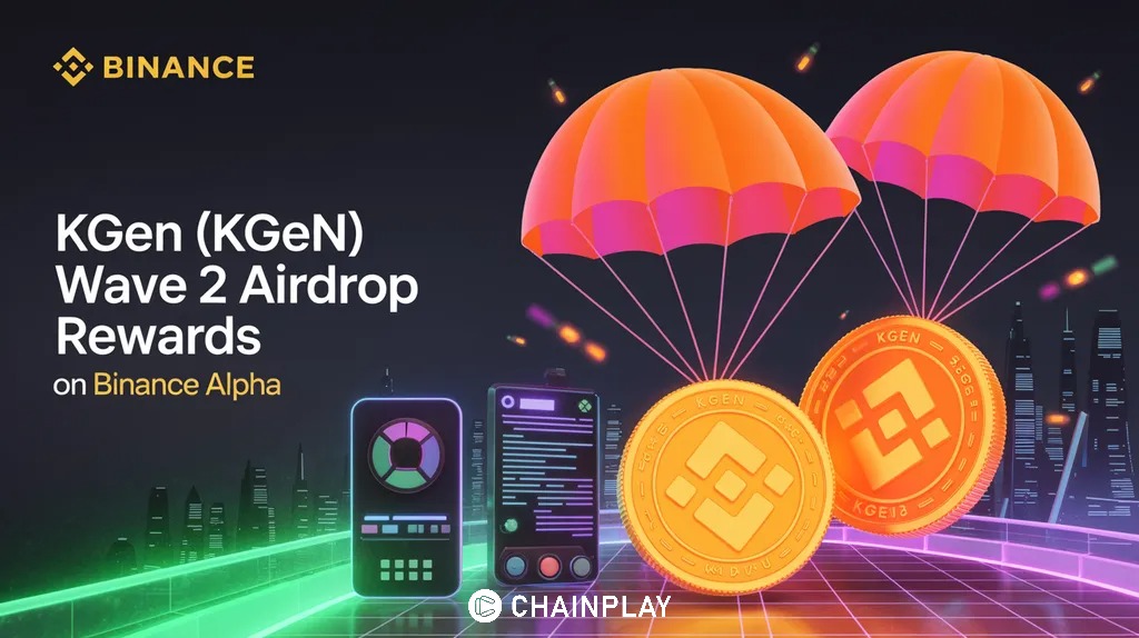 A futuristic holographic smartphone showing a 160 KGEN token airdrop claim button with neon coins falling into the screen.