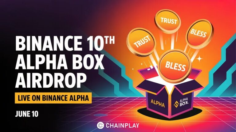 A futuristic metallic loot box opening with glowing TRUST and BLESS token symbols for the 10th Binance Alpha Box.