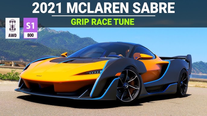Optimizing the 2021 McLaren Sabre for the S1 800 class with a dedicated grip-focused race build in Forza Horizon 6.