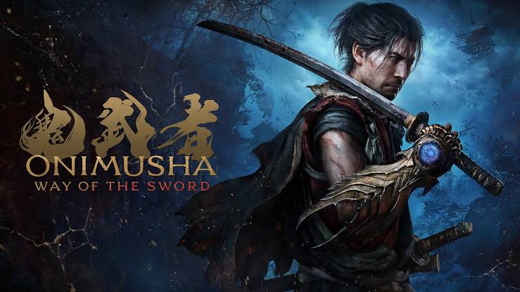 Gritty promotional poster for Onimusha: Way of the Sword, featuring a rugged samurai warrior holding a katana, with a glowing blue-eyed demonic gauntlet on his right arm against a dark, stormy night background.