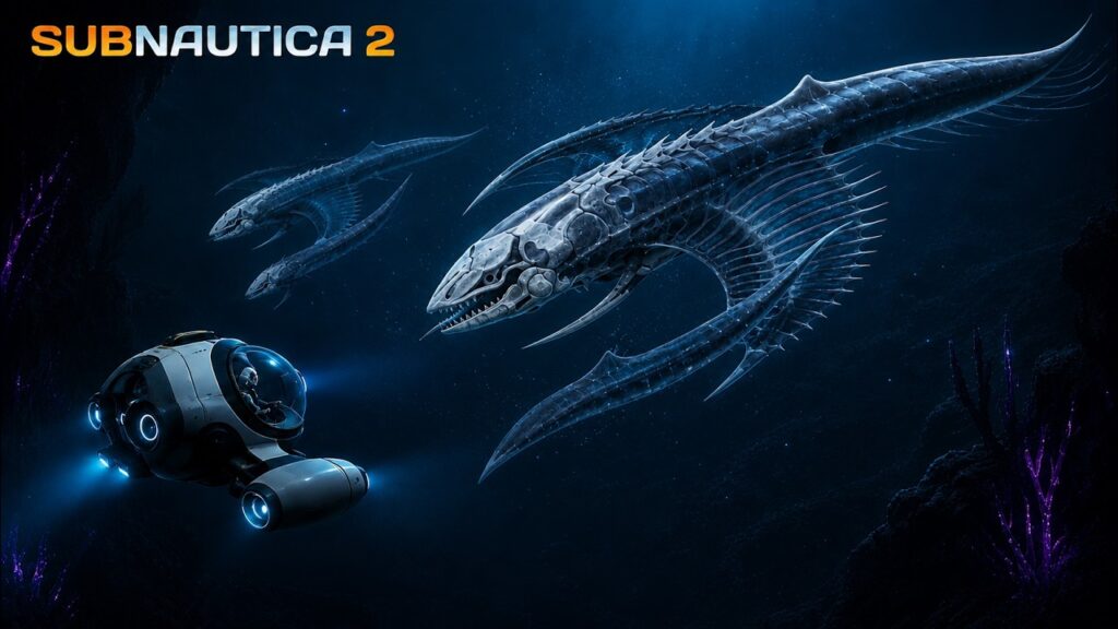 A sleek, white bubble-canopy submersible maneuvers in pitch-black ocean depths, its blue lights illuminating a close encounter with a massive, skeletal, serpent-like leviathan creature with translucent blue fins.