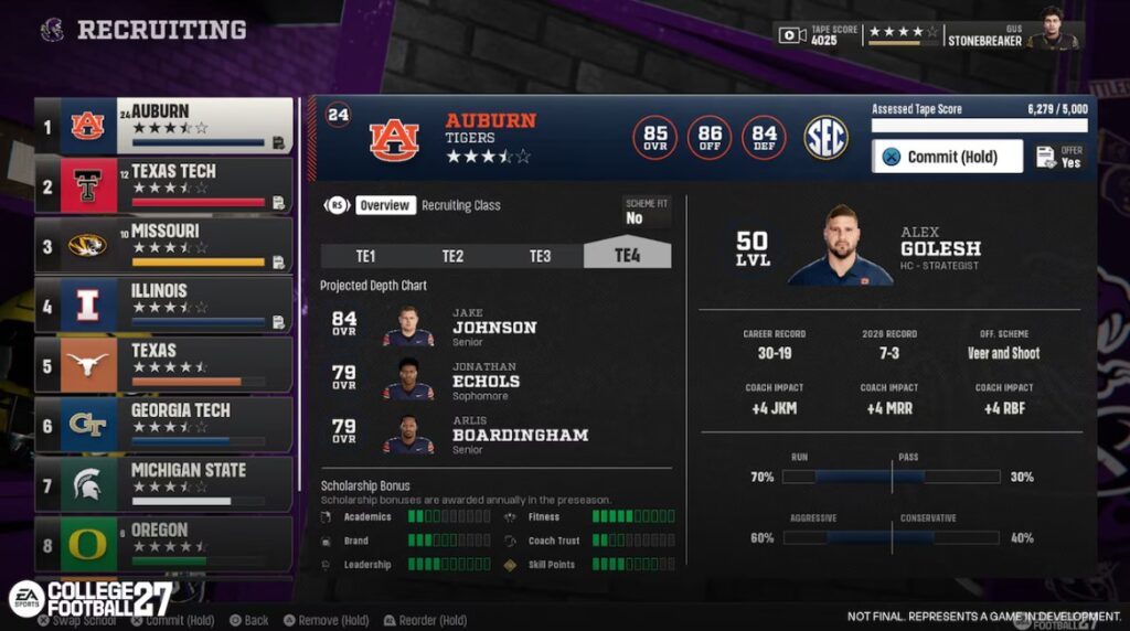 The interactive team recruiting dashboard showing school rankings, depth charts, and coach archetypes.