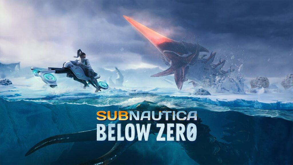 An explorer navigating a futuristic mini-submersible through deep waters alongside massive, biomechanical sea creatures.